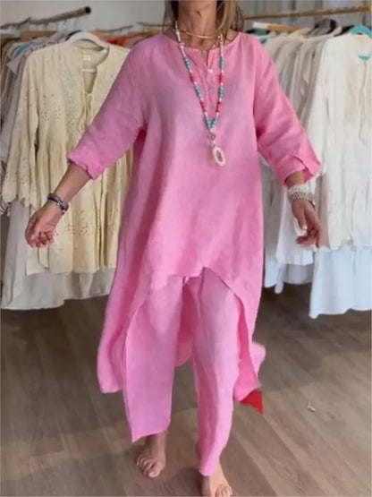 Spring Autumn Solid Color O Neck Seven-point Sleeve Long Women Suit Retro Casual Loose Seven-point Pants Cotton Linen 2piece Set.