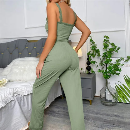 Zweiteiliges Pyjama-Set für Frühling und Sommer für Damen, Nachtwäsche, Spitzen-Hosenträger, Oberteile und lange Hosen, Pijamas, Loungewear.