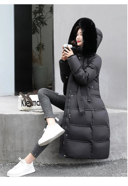 2024 neue Winter frauen Gepolsterte Jacken Mid-länge Modische Mit Kapuze Große Pelz Kragen Lose Dicke Unten Baumwolle Oberbekleidung damen.