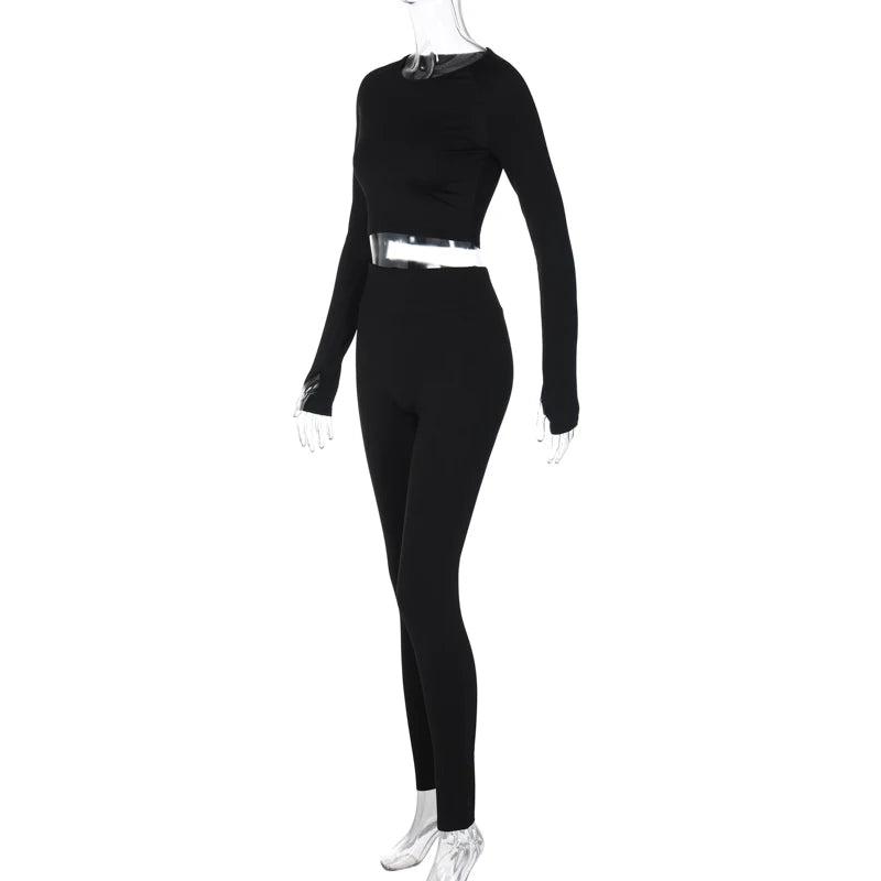 Hugcitar Pure Color Long Sleeve Crop T-Shirt Legging 2 Piece Matching Sets 2024 Spring Women Fashion Streetwear Sports Tracksuit.