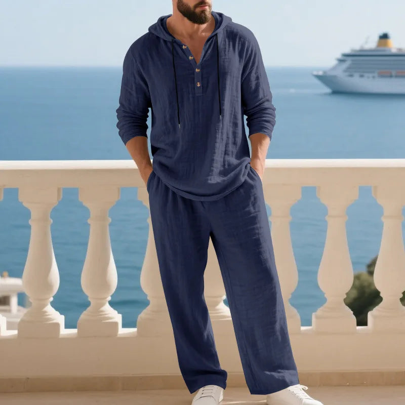 Cross-border Autumn Linen Men's Casual Suit Loose Hooded Henley Shirt Long Sleeve Pants Suit