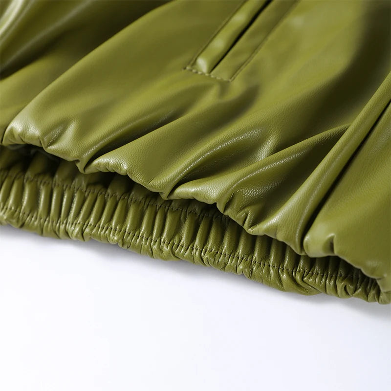 Stylish Leather Solid Jacket Pants Set Women Stand Collar Zipper Coat Loose Trousers Sets Female 2025 Autumn Fashion Streetwears.