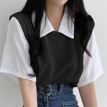 Summer Blouse Women Korean Style False Two-piece Polo Collar Blouses Y2k Tops Streetwear Loose Youth Pullovers Elegant Shirt.