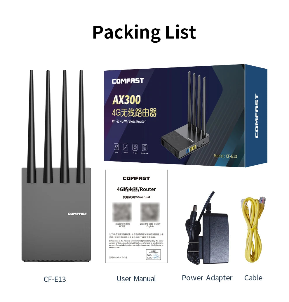 comfast WiFi6 4G LTE Cat.4 SlM Card wireless Router 300Mbps 2.4G 4 Antennas PlugPlay  Outdoor Portable Internet wireless Router.