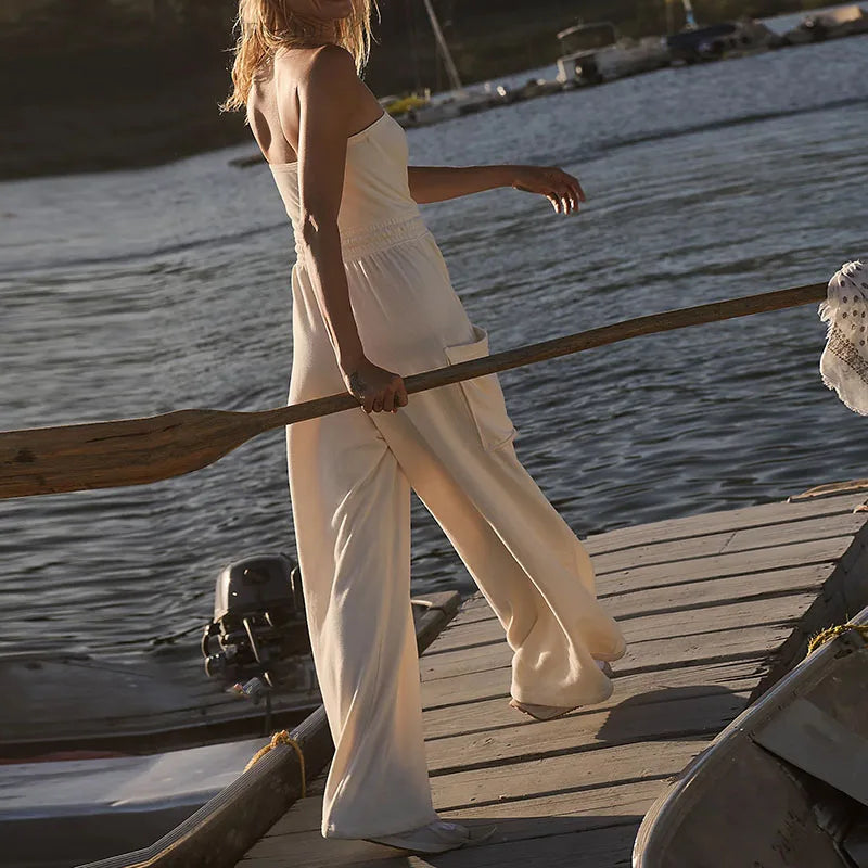 Stylish New Backless Sleeveless Commute Playsuits Women Tube Top Wide Leg Drawstring Rompers Elegant Solid Color Pocket Jumpsuit.