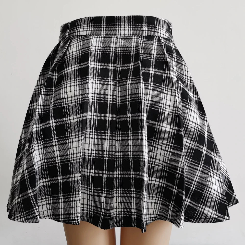 Gothic Sweet Women Pleated Skirt Fashion Plaid Mini High Waist Chic Skirt Kawaii Summer Casual Ladies Plaid Pleated Skirt.