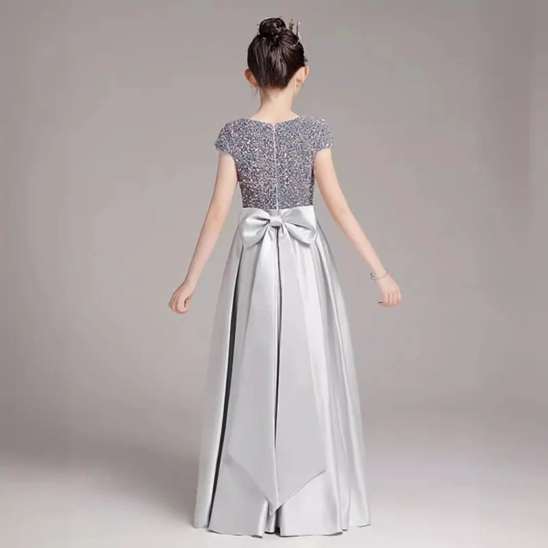 Mädchen-Klavierkleid, graues Pailletten-langes Performance-Kleid, Prinzessinnenkleid, Kinder-Host-Show-Performance-Kleid, Sommer.