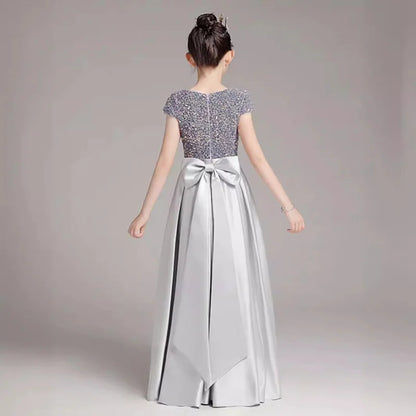 Mädchen-Klavierkleid, graues Pailletten-langes Performance-Kleid, Prinzessinnenkleid, Kinder-Host-Show-Performance-Kleid, Sommer.