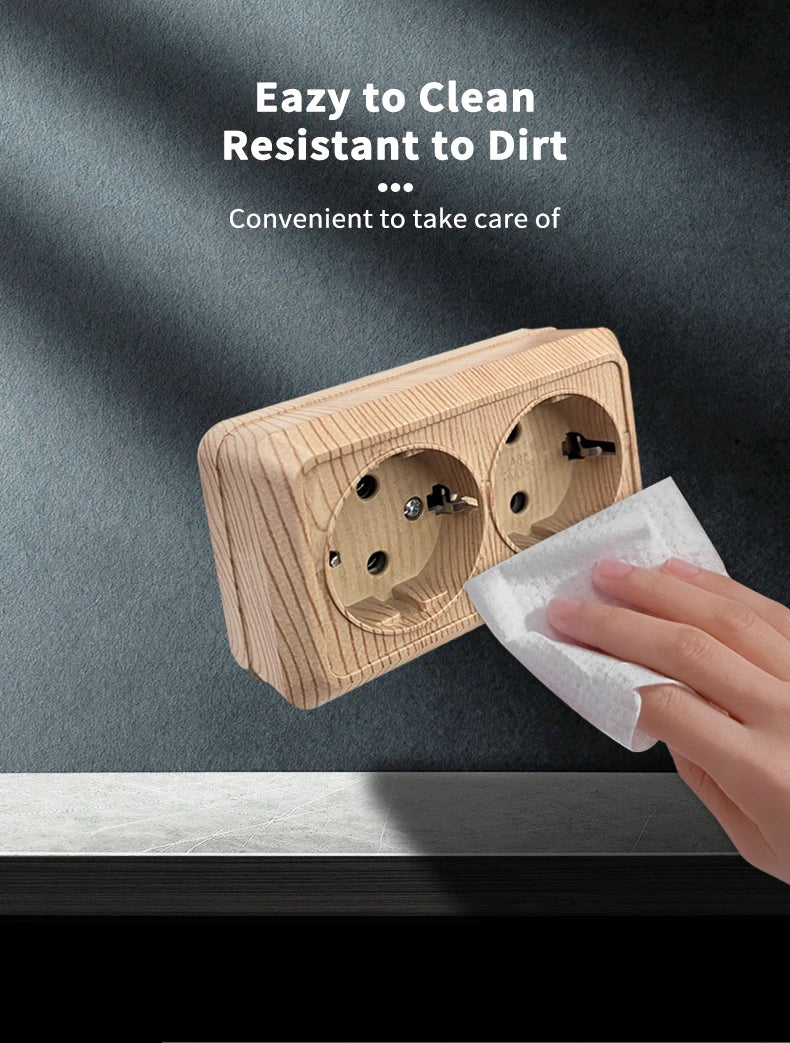 Holzfarbe, Wandoberfläche, 2-Steckdosen, Stecker, EU-Außensteckdosen mit Erdung, Steckdose für den Außenbereich, flammhemmender Kunststoff.