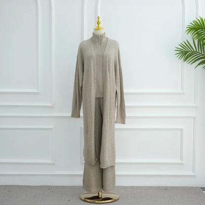Winter Thicken 3 Piece Muslim Sets for Women Knit Tops Pants Islamic Outfit Sweater Dress Dubai Abaya Kaftan Musulmane Ensembles