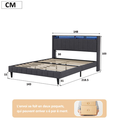 Lazyspace gepolstertes Doppelbett, Bettgestell 160/140 x 200 cm, Kopfteil mit Stauraum, USB-Aufladung und LED-Licht, keine Matratze