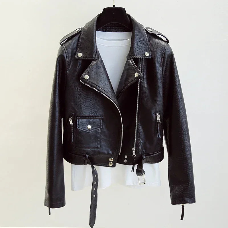 Dünne Jacke mit Gürtel Weibliche Streetwear Leder Mantel Biker Moto Frühling Herbst Frauen Faux Leder Jacke Oberbekleidung Neue Mode