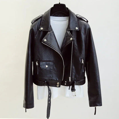 Dünne Jacke mit Gürtel Weibliche Streetwear Leder Mantel Biker Moto Frühling Herbst Frauen Faux Leder Jacke Oberbekleidung Neue Mode