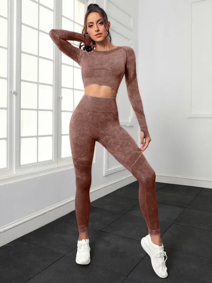 2 Piece Acid Wash Gym Set Women Seamless Long Sleeve Leggings Tracksuit Sports Fitness Suit Scrunch Workout Clothes Yoga Outfits