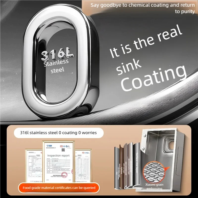 Kitchen Sink 316L Stainless Steel Original Color Large Single Slot Dish Wash Vegetable Basin Multifunctional Undercounter Basin