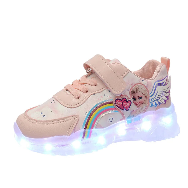 Disney Children's Casual Shoes LED Rechargeable Luminescent Shoes  Cartoon Princess Elsa Girls Pink Sports Sneakers Size 26-35.