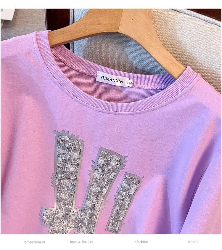 175kg plus size Damen büste Frühling Herbst loser Rundhals ausschnitt Langarm bedrucktes Sweatshirt schwarz lila 5xl 6xl 7xl 8xl 9xl.