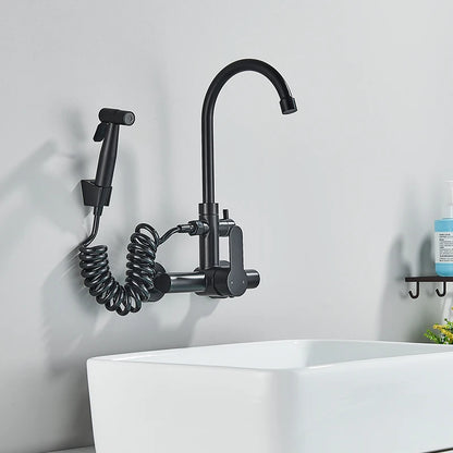 Kitchen Faucet With Spray Gun Wall Mounted Hot Cold Water Mixer Tap Rotatable Faucets Dual Water Mode No Dead corner Cleaning