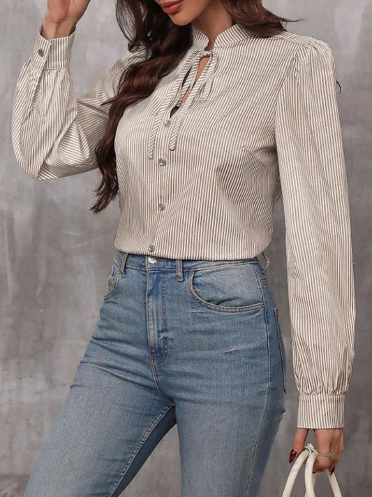 Women V-Neck Button Down Long Sleeve Top Solid Color Striped Shirt Office Lady Work Clothes.