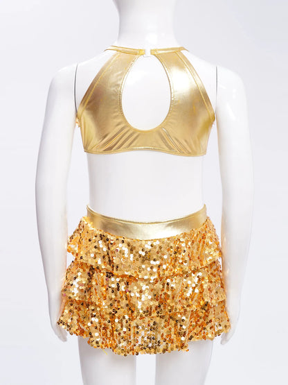 Teenager Mädchen Cha-Cha Jazz Latin Dance Samba Rumba Tango Performance Kostüm ärmelloses metallisch glänzendes Pailletten-Bodykleid mit Ausschnitt