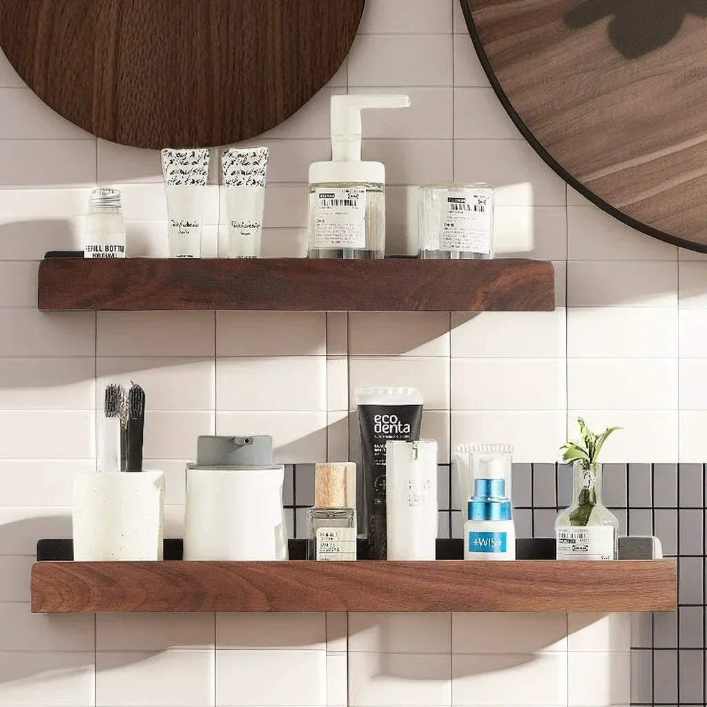 Badezimmerregal, Aufbewahrungsregal ohne Stanzen, Badezimmerregale aus massivem Holz, stanzfreies Holzregal zur Wandmontage, Toiletten-Organizer