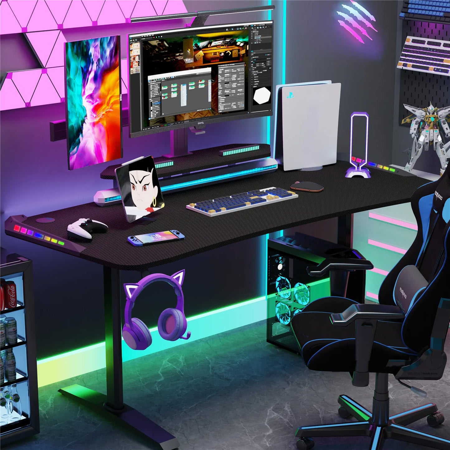 Jumbo-Gaming-Schreibtisch mit Monitor regal, großer PC-Computer tisch mit LED-Beleuchtung, Spieltisch-Gamer-Schreibtisch für Schlafzimmer, Home-Office