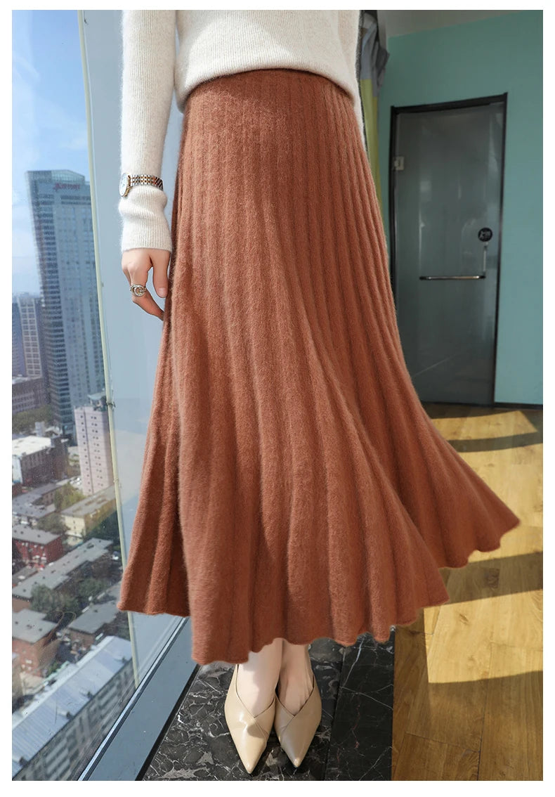 Autumn And Winter Fashion Mink Cashmere Mid Length High Waist Skirt For Women, Knitted Umbrella Skirt, Fashionable Pleated Skirt.