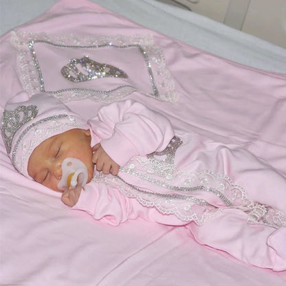 5pcs Handmade DIY Vinyl Name Personalized Baby Girl Newborn Jewels Crown Pink Take Me Home Layette 5 Piece Deluxe Gift Set