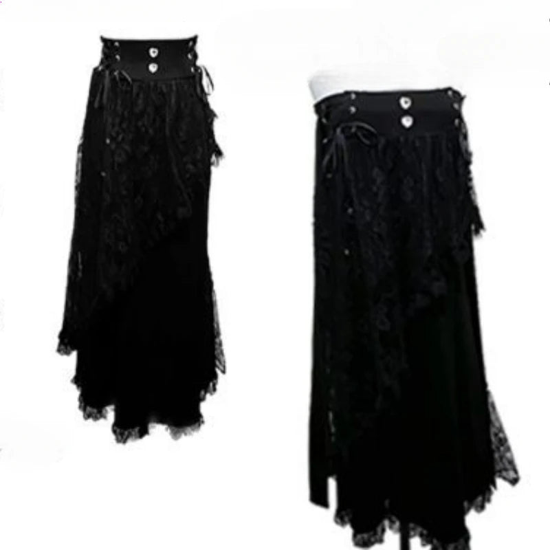2025 Y2k Aesthetic Harajuku Style Lolita Long Skirt Women Gothic Lace Black Slim Skirts Japanese Jk Pleated Skirt Saia Feminina.