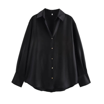Women's Chic Lapel Collar Blouse Long Sleeve Button-Up Fashion Flowing Top Elegant Female Shirt Office.