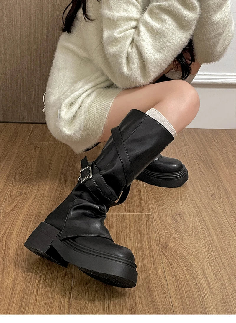 Vintage Thick Heel Women Knight Long Boots Fashion Slip On Knee High Booties Autumn Winter Shoes Zapatos De Mujer.