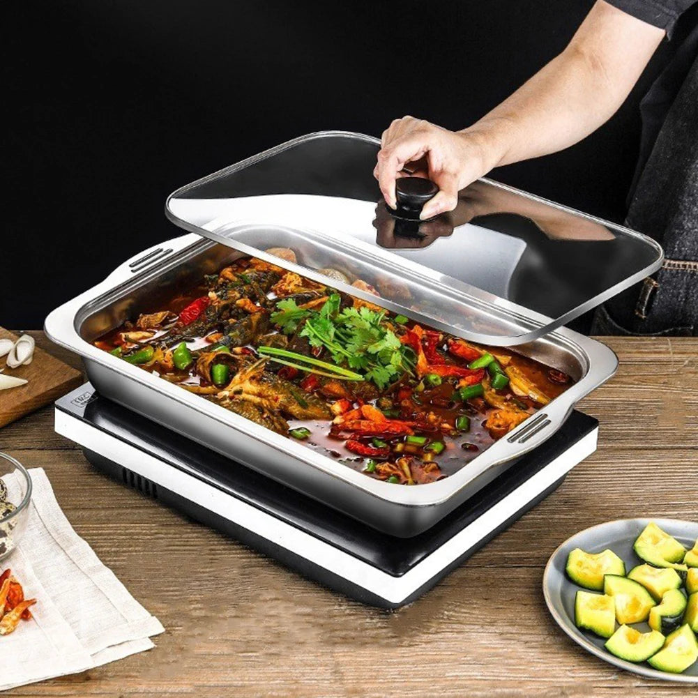 Large Capacity Stainless Steel Fish Deep Plate Both Gas and Induction Cooker BBQ Fried Beef Food Tray Seafood Dish Bbq Plate.