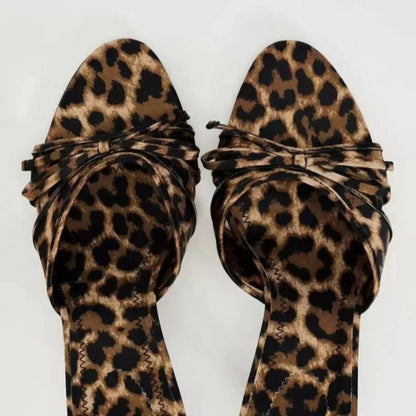 2025 New European and American High Quality Women Shoes Bow Knot Leopard Print High Heel Slippers Women Slippers.