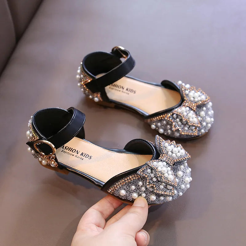 Girls Party Shoes Elegant Rhinestone Fashion Children's Leather Shoes Versatile Sweet Kids Princess Wedding Dress Flats Sandals
