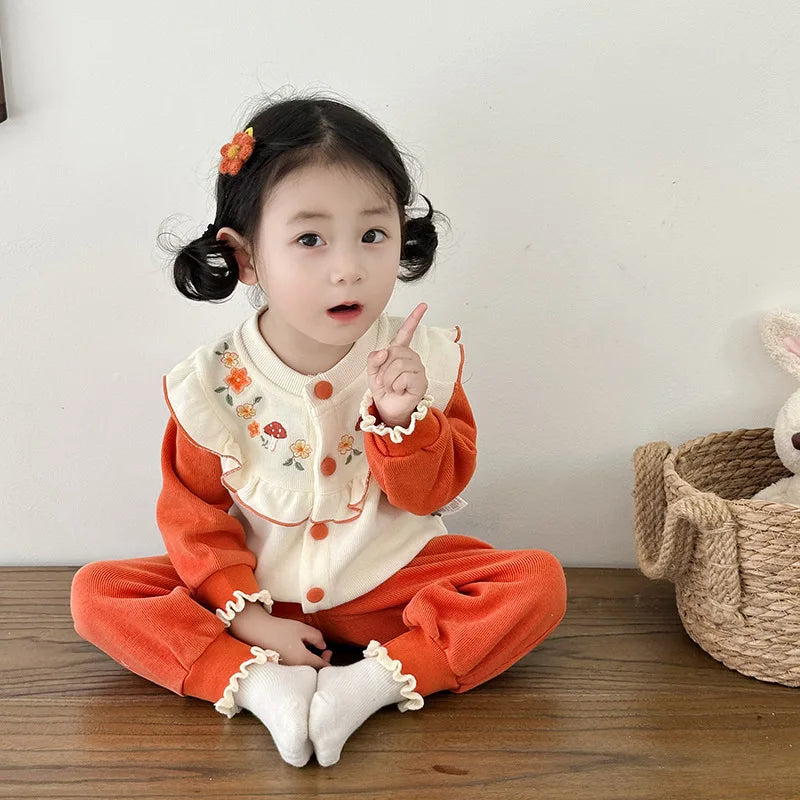 Kawaii Baby Mädchen Kleidung Pilz Sets Herbst Infant Rüschen Kragen Langarm Top Hosen Zwei-Stück Neugeborenen Baumwolle Outfit.