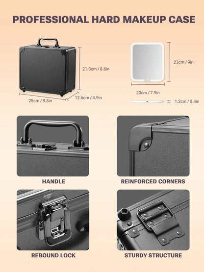 Portable Makeup Case With Light and Mirror 3 Adjustable Brightness LED Cosmetic Case Makeup Organizer Travel Train Case Storage.