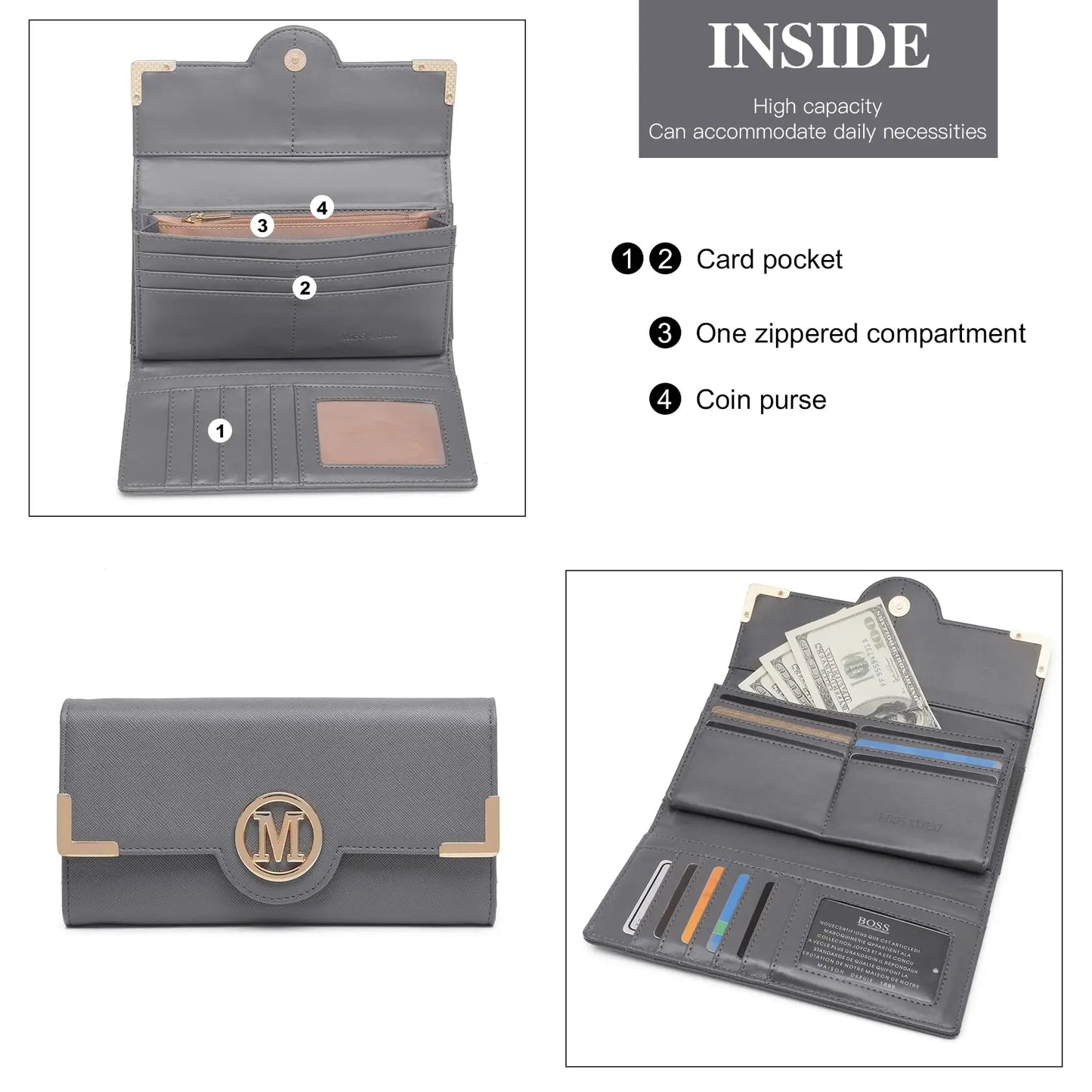 Miss Lulu WOMEN'S purse Long Wallet with zipper PU leather Card hand fan keys Holder Phone Case.