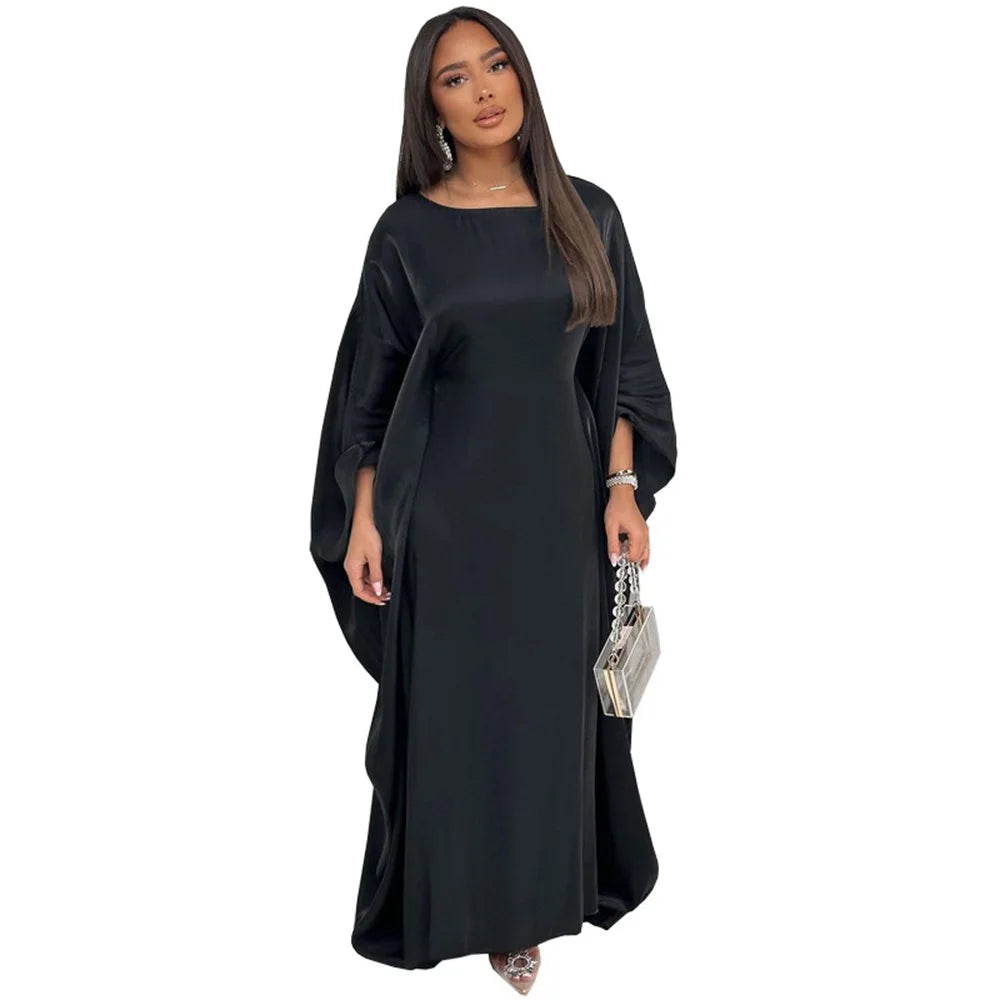 Siskakia Muslim 2024 New Eid Dresses Solid Shiny Satin Batwing Sleeve Modest Kebaya Turkish African Women Abayas Saudi Clothing.
