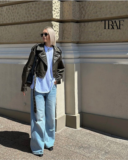 TRAF Damen Vintage lose Lederjacke Gürtel Schulter Abzeichen Zip Revers Jacke Handsome Washed Leder Motorrad Kleidung