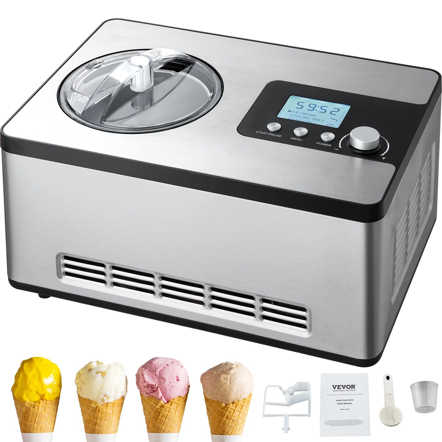 SucceBuy Automatic Ice Cream Maker with Built-in Compressor 2 Quart No Pre-freezing Fruit Yogurt Machine Electric Sorbet Maker.