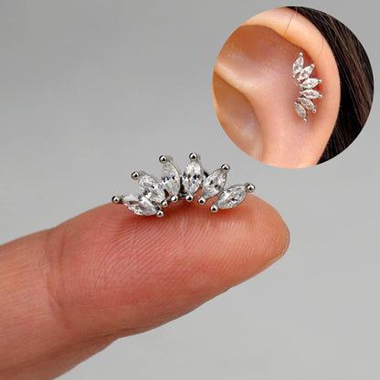 1PC New Curved Cz Cartilage Stud Moon Leaf  Helix Rook Conch Screw Back Earring Stainless Steel Bar Ear Piercing Jewelry.