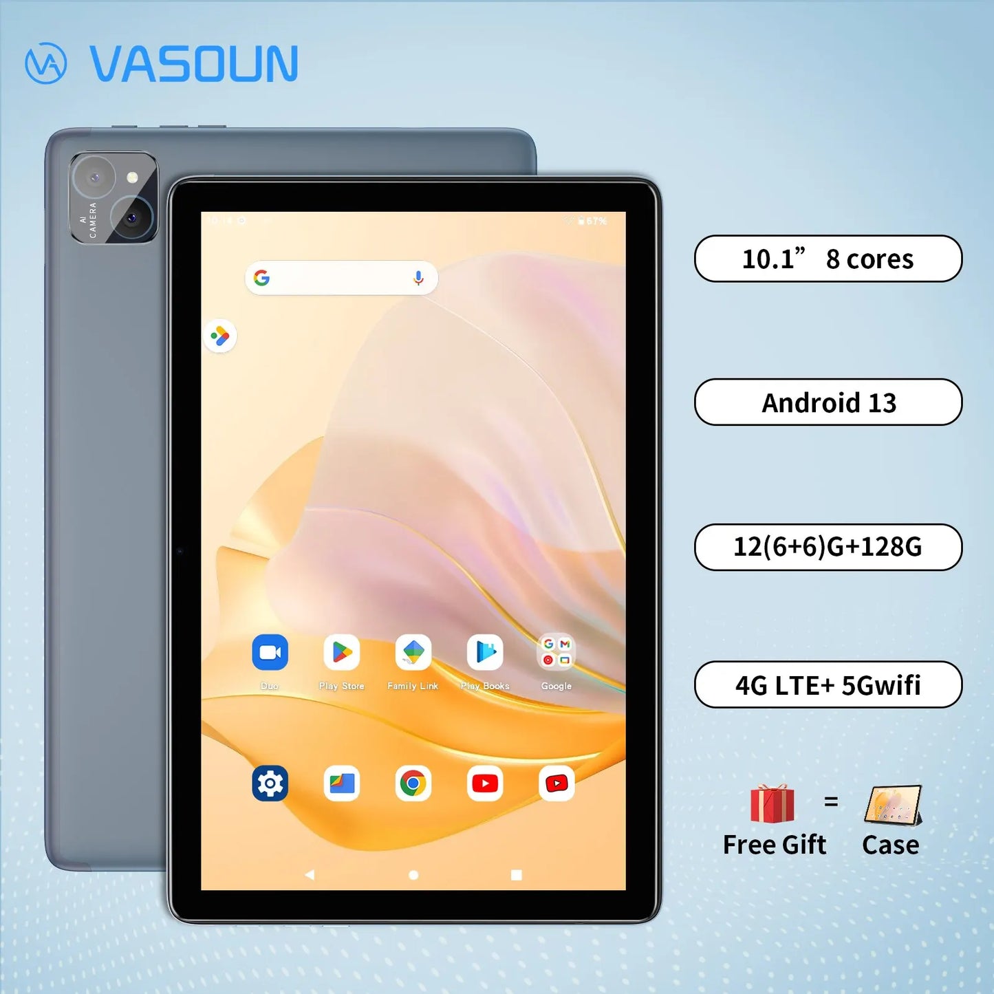 VASOUN Android 14 Tablet 10.1", 12GB(6+6 Expand) RAM, 128GB ROM, Octa Core, Dual SIM 4G Unlocked With 2.4G/5G WiFi GPS.