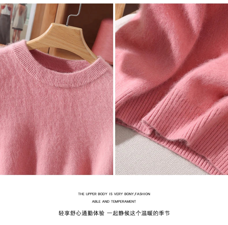 Women's Round-neck Mink Cashmere Sweater Soft Pullover Jumper Comfortable Knitted Top for Autumn Winter Pure Mink Material