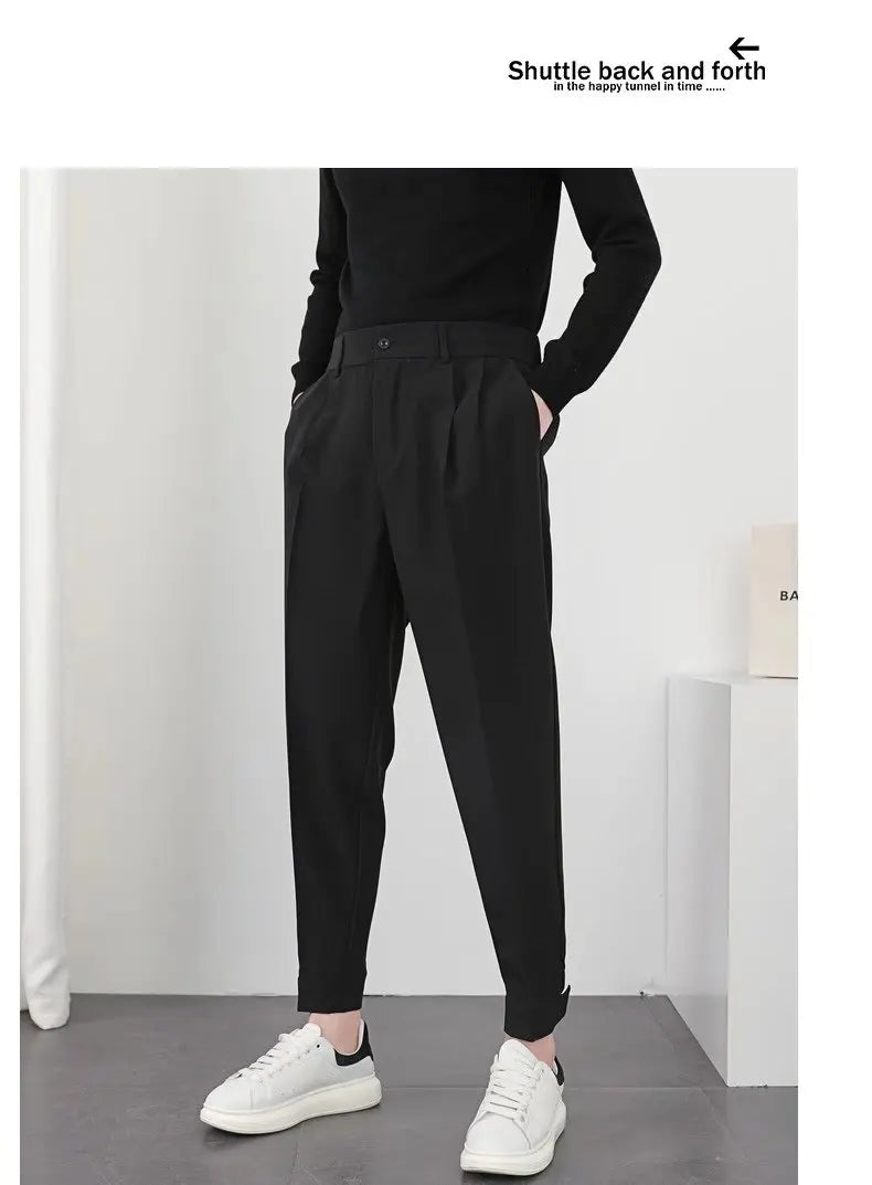 Fashion Men Casual Pants Elastic Waist Small Feet Slim Korean Style Pleated Tapered Male Blazer Pants Trousers Streetwear.