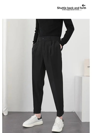 Fashion Men Casual Pants Elastic Waist Small Feet Slim Korean Style Pleated Tapered Male Blazer Pants Trousers Streetwear.