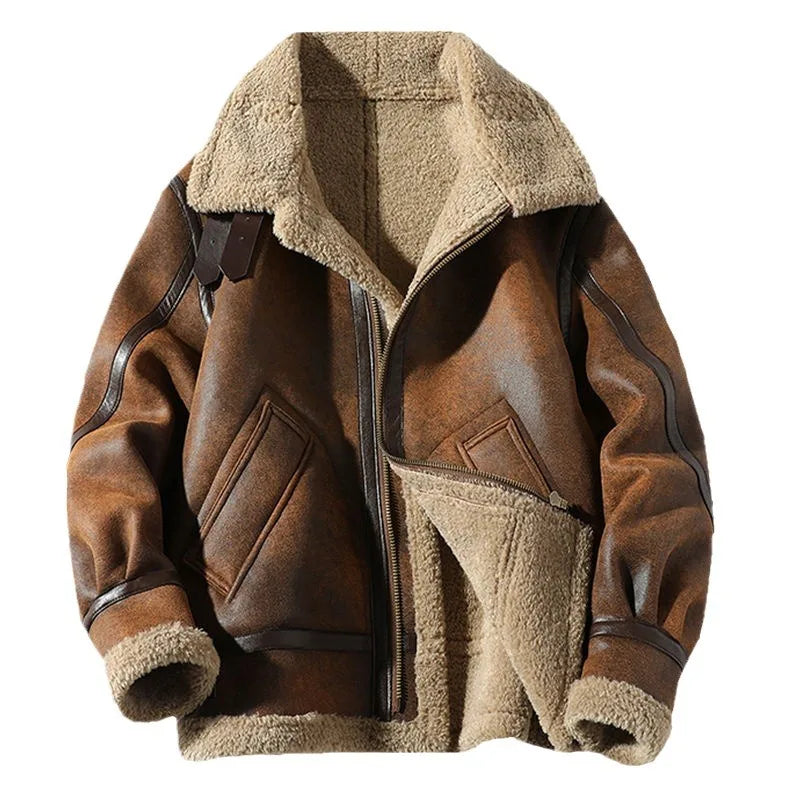 Mens Retro Suede Lambhair Jacket Thick Winter Fur Large Size Motorcycle Leather Coat Trendy.
