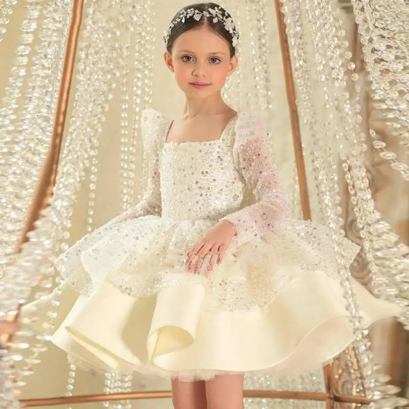 Mädchen Erstkommunion Kleid Kinder Festzug Ballkleid Mädchen Blume Hochzeit Pailletten Kleider für Kinder Klavier Leistung Vestidos.