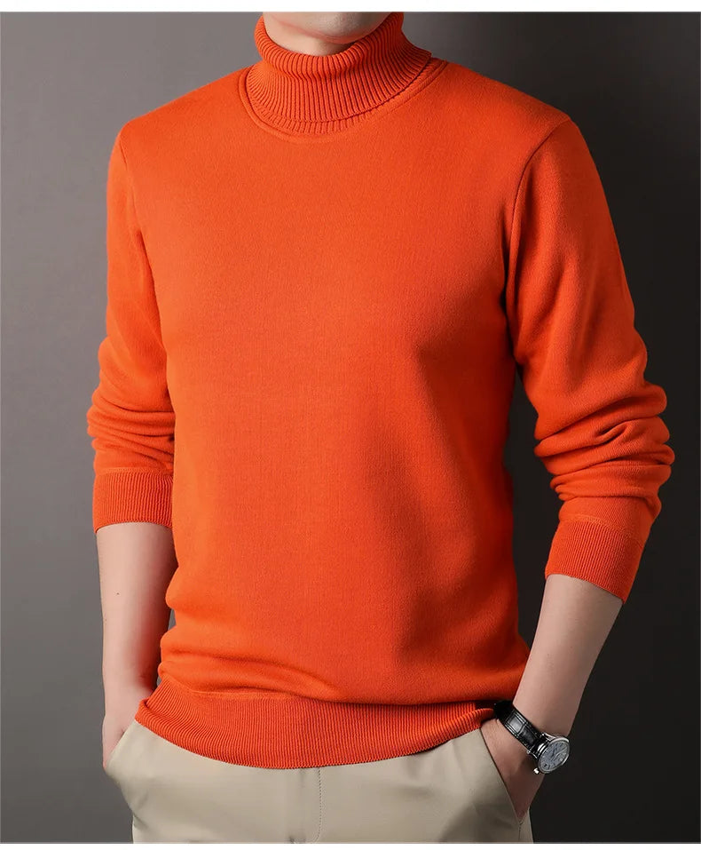Men's Autumn Winter New Turtleneck Sweater Warm Cozy Solid Color Casual Bottom Knitted Pullovers Male Fashion Knitwear.