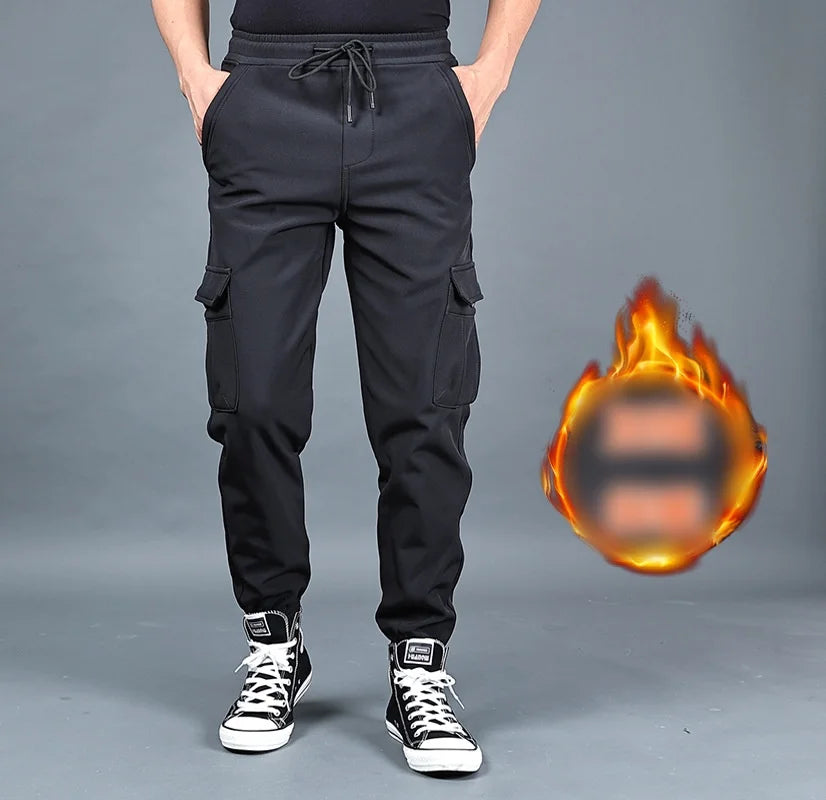 Autumn and winter loose ankle multi pocket work pants for men, winter oversized sports pants, trendy brand with plush and thick.