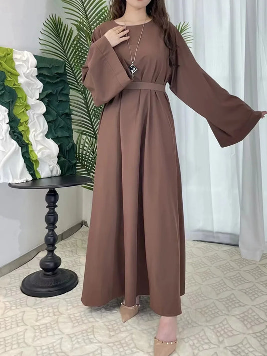 Muslim Abayas Women Kaftans Prayer Dress With Belt Full Sleeve.